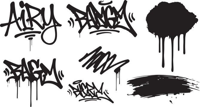 A cool set of vector urban graffiti black tags, drips, and street art lettering elements set against a white background.