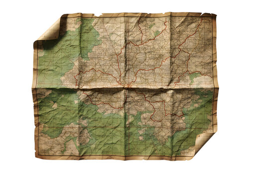 Folded vintage paper map with green terrain and red road lines, isolated on a black background, with curled corners, and heavy creasing