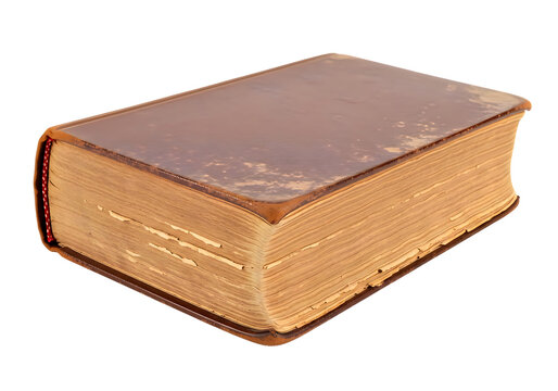 Old, thick, leather-bound book with worn, yellowed pages and a dark brown, scuffed cover, isolated on a solid black background
