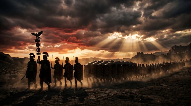 Roman Legion Soldiers Silhouetted Marching Across Dusty Battlefield at Dramatic Sunset for Ancient Warfare, Historical Epic, Game Design, Film and Educational History Illustration