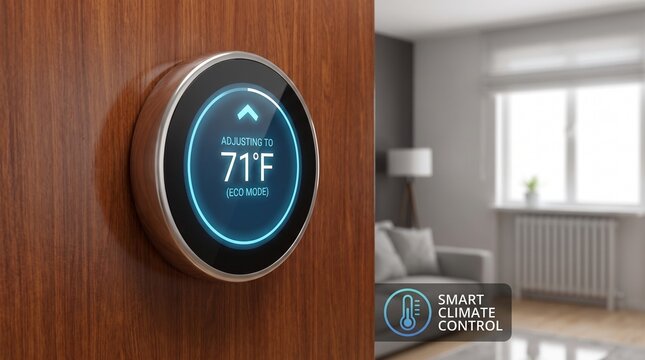 Smart home thermostat adjusting temperature on wall energy efficient heating and cooling system