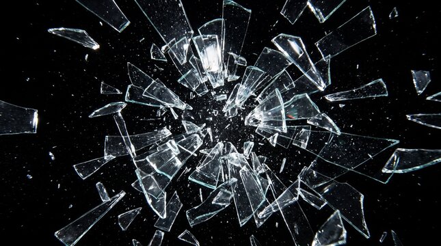 Sharp shards of broken glass exploding and flying through the air, isolated on a black background.