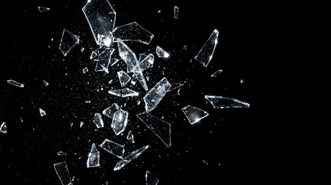 Sharp shards of broken glass exploding and flying through the air, isolated on a black background.