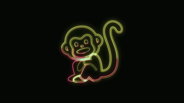  Monkey Icon Neon Seamless Loop 4K with Black Background Animated Promotional Typography for Video Editing