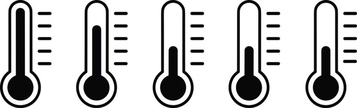 Five thermometers indicating temperature variation against a white background with clean lines