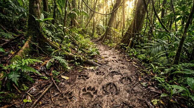 Untouched wilderness path with deep wild animal paw prints through a dense, sun-dappled tropical rainforest, showcasing the vibrant ecosystem