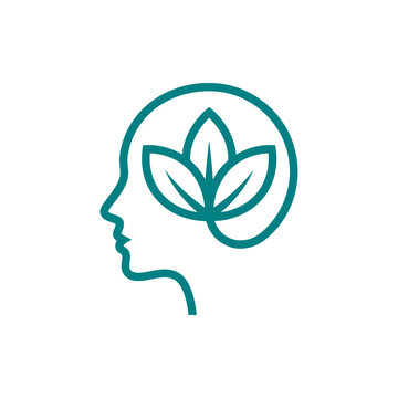 Human head profile with leaves teal line art logo.