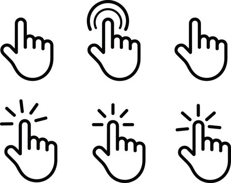 Six Finger Tap Icons With Different Gestures and Spark Effects on White Background