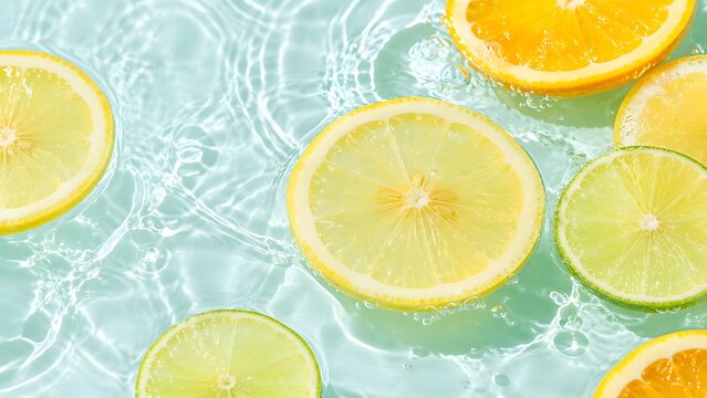 Fresh citrus slices floating in clear summer water
