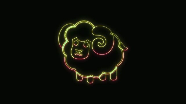  Ram Animal Icon Neon Seamless Loop 4K with Black Background Animated Promotional Typography for Video Editing