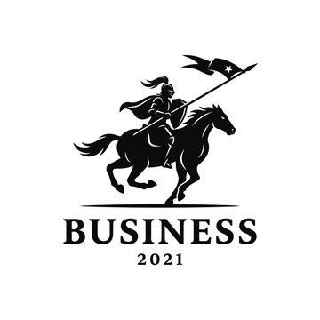 Knight riding horse silhouette holding flag and spear