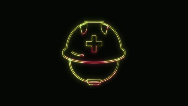  Rescue Worker Helmet Icon Neon Seamless Loop 4K with Black Background Animated Promotional Typography for Video Editing