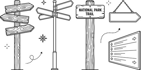 Wooden directional signpost and national park trail arrow icon set vector line art collection for navigation design © Sabbir Studio