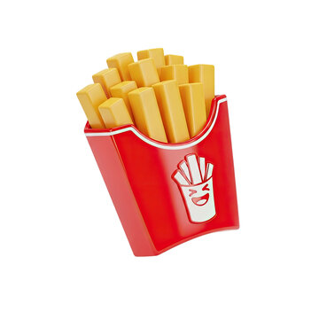 3D Rendered Cartoon Style French Fries in a Red Box with Smiling Face Icon.