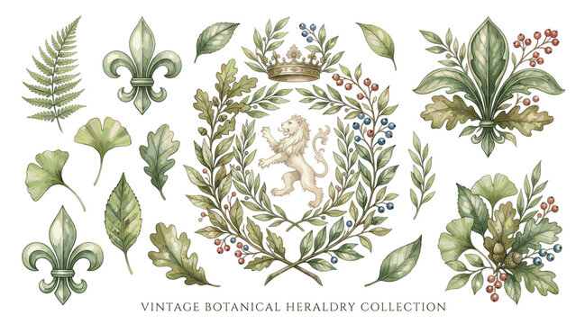 Vintage watercolor botanical heraldry collection featuring oak leaves, laurel wreaths, floral emblems, elegant decorative elements.