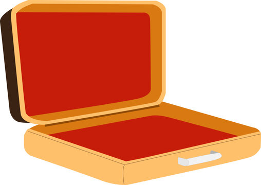 Open vintage suitcase. Orange exterior, vibrant red interior. White handle. Clean vector illustration style