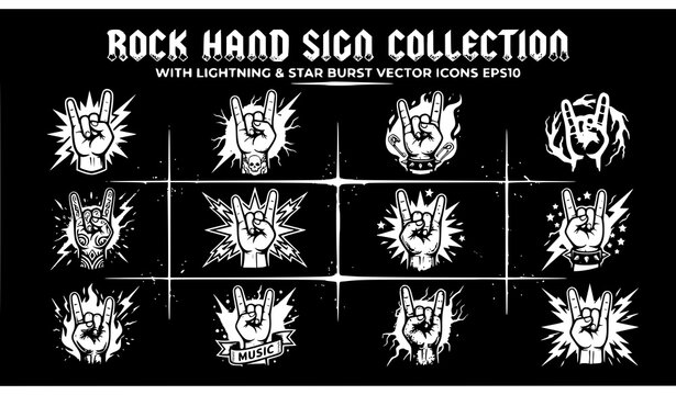 gesture illustrations isolated on a solid white background. Feature expressive hand signs surrounded by bold lightning bolts, radiant sunburst rays, sparkling stars, comic action lines, geometric flas