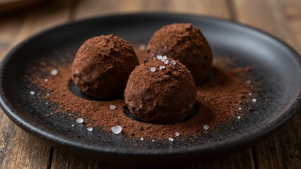 Fototapeta premium Three rich chocolate truffles dusted with cocoa powder and sea salt on a black plate.