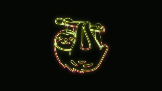  Sloth Icon Neon Seamless Loop 4K with Black Background Animated Promotional Typography for Video Editing