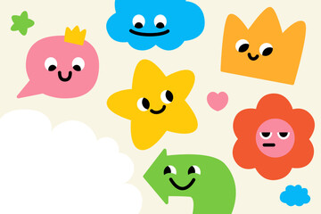Fototapeta premium Funny background with smiling characters. Childish banner with empty space and playful icons of arrow, flower, talking bubble, cloud, star and crown