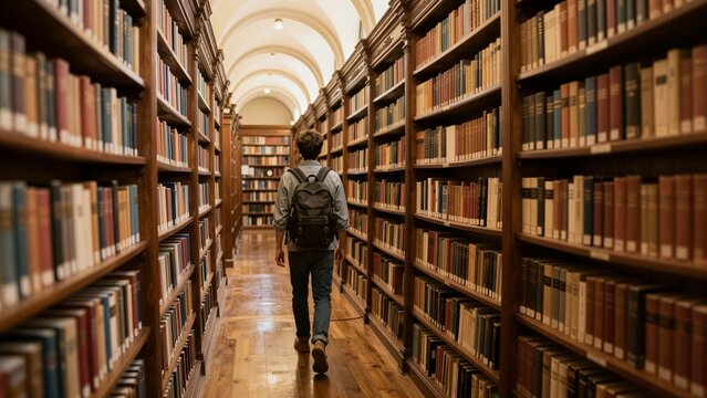 A student walks down a long aisle of an elegant library filled with books.
