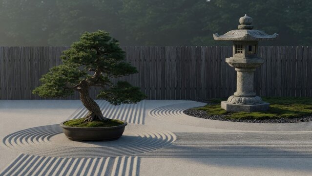 Peaceful japanese garden featuring a bonsai tree and a stone lantern set in a calm zen environment