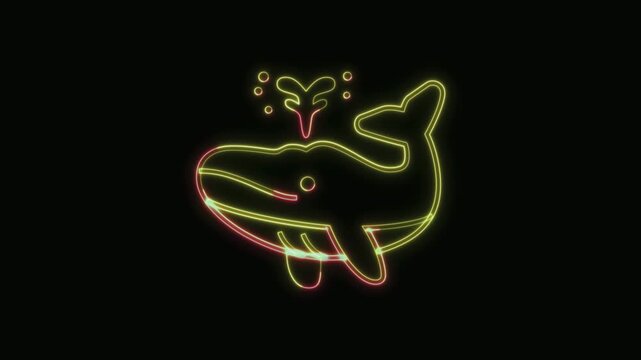  Spouting Whale Icon Neon Seamless Loop 4K with Black Background Animated Promotional Typography for Video Editing
