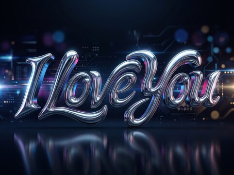 Futuristic chrome I Love You 3D lettering, metallic silver romantic text on dark tech background, glowing neon digital typography for Valentines Day