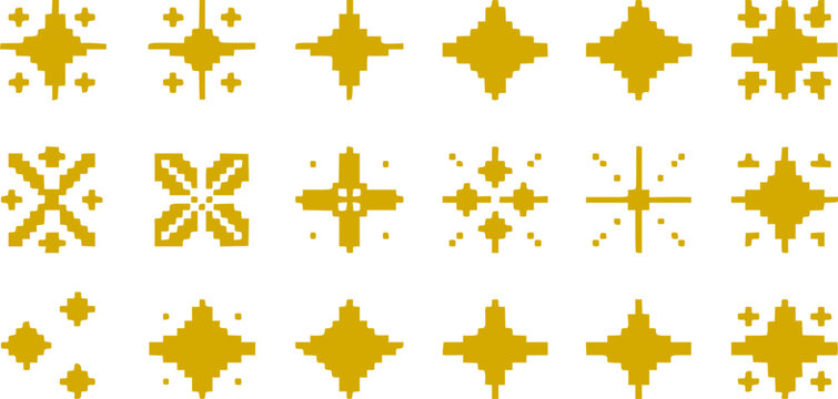 Golden pixel art sparkle icon set featuring various 8-bit retro stars, glowing bursts, light sparkles, and magic glitter elements.