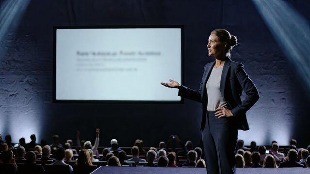 Business presentation confident speaker engaging audience with visual aids in a professional setting