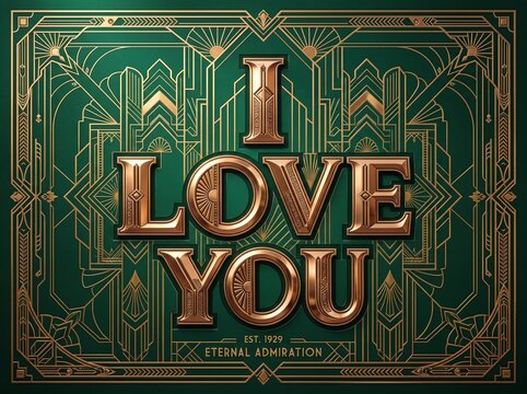 Art Deco I Love You typography, vintage 1920s Great Gatsby style gold lettering, emerald green background with ornate geometric frame and eternal admiration text