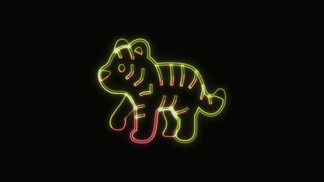  Tiger Icon Neon Seamless Loop 4K with Black Background Animated Promotional Typography for Video Editing