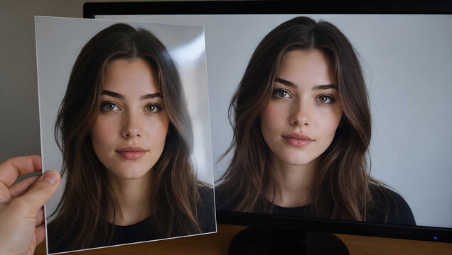 Portrait woman face photo monitor screen hand beauty brunette comparison reflection print copy digital adult female closeup indoors casual