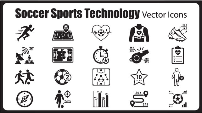 Soccer Sports Technology Vector Icons, Professional Football Analytics and Performance Tracking Symbols, 20 Black Minimalist Athletic Data Graphics