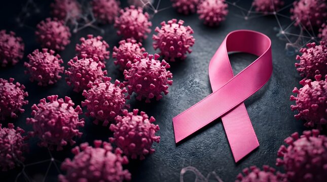 Pink ribbon and coronavirus cells breast cancer awareness during a global pandemic