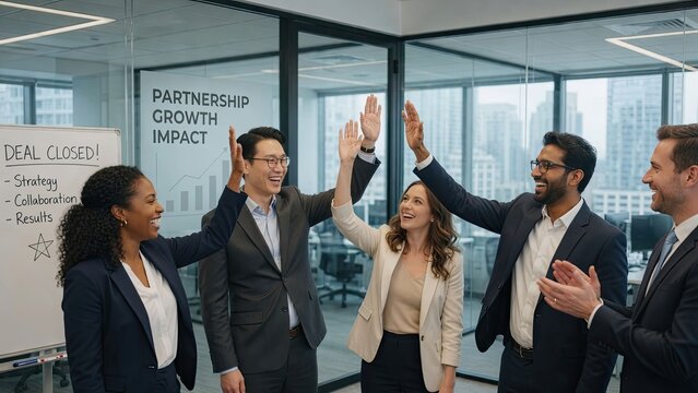 Team celebrates successful business deal in modern office setting with high fives and positive energy