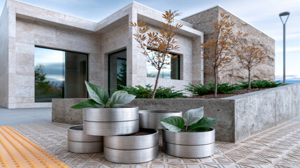 Fototapeta premium Modern house exterior with stone facade, large windows, concrete planter, small trees, and metal plant pots on patterned tile surface