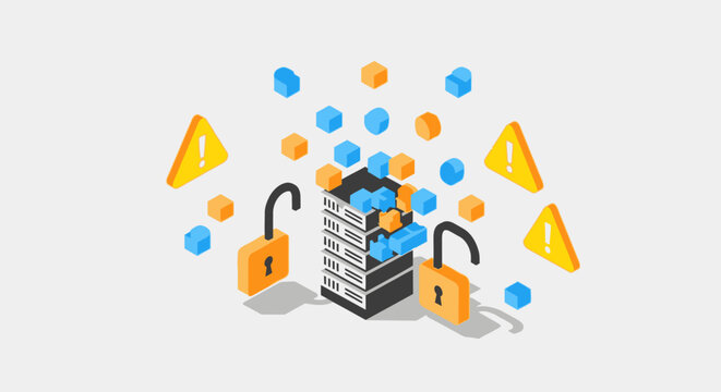 Isometric illustration of cybersecurity with locks and warning symbols.