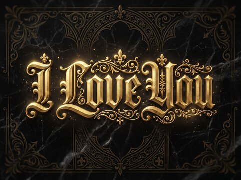 Vintage gold I Love You lettering on black marble, ornate gothic typography with fleur-de-lis accents, elegant romantic message for anniversary cards