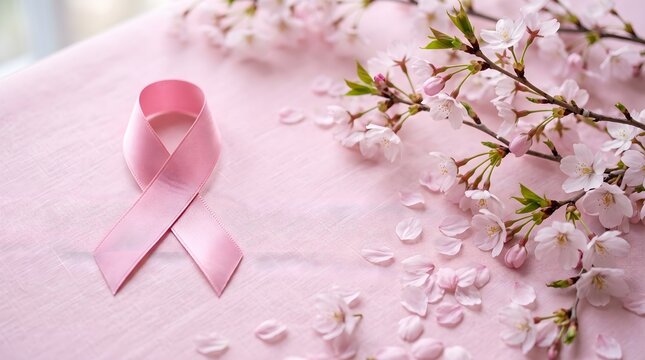Pink ribbon with cherry blossoms a symbol of hope and breast cancer awareness
