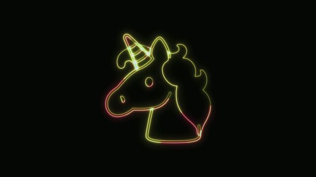  Unicorn Icon Neon Seamless Loop 4K with Black Background Animated Promotional Typography for Video Editing