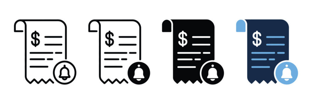 Financial bill payment notification icons, invoice reminder with bell symbol, set of 4 vector receipt alerts for banking and accounting apps