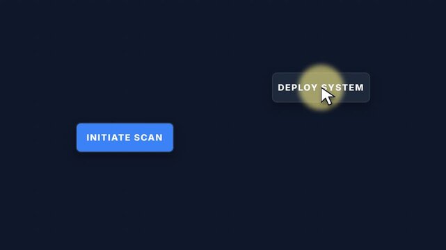 Animated technology interface, glowing buttons with cursor click, initiate scan and deploy system, seamless loop, symbolizing innovation and digital process