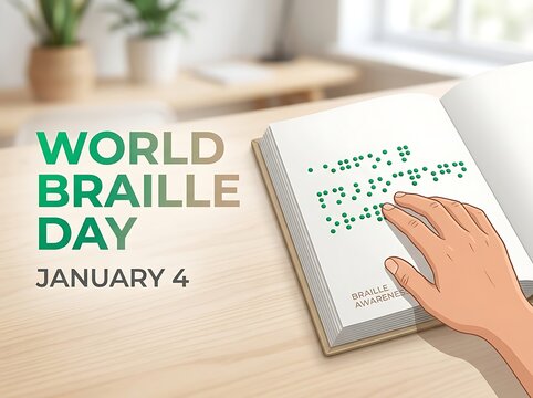 Hand reading braille book on wooden table celebrating world braille day awareness campaign
