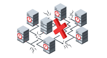 Network server failure concept with red cross on data center. © Busbus