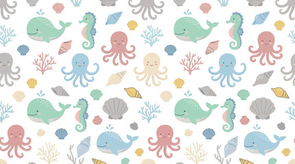 Naklejka premium Cute Underwater Sea Creatures Pattern