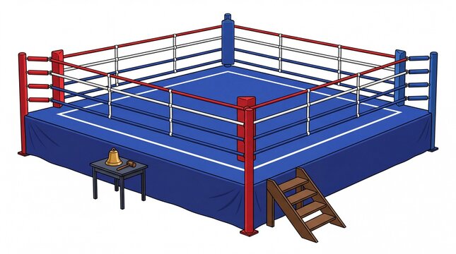 Professional boxing ring with red and blue corner posts featuring a bell on transparent background