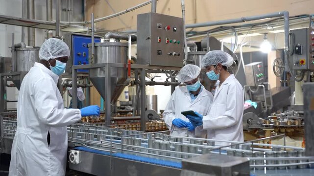 Team quality control specialists inspecting seafood processing operations and reviewing production records inside canned food factory. Food safety, manufacturing excellence, quality assurance.