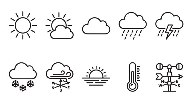Minimalist weather icons set, black line meteorology symbols, 10 vector elements for forecast apps and climate reports