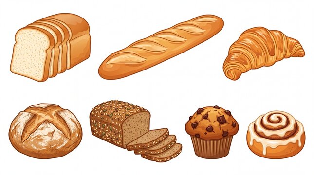 Various delicious freshly baked bread products arranged in a colorful collection on transparent background